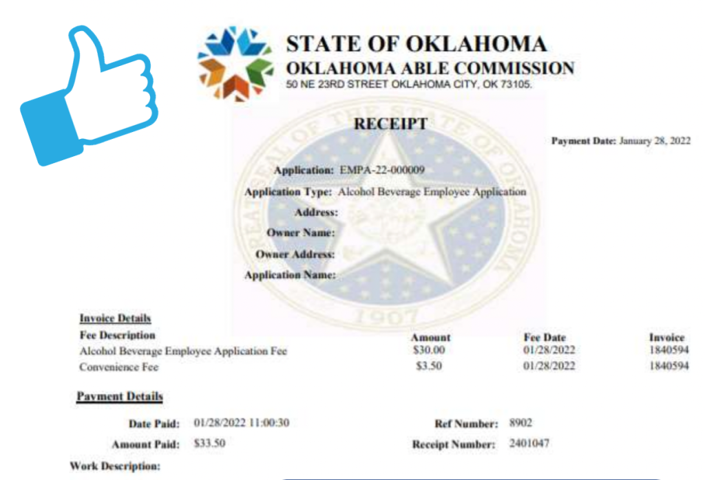 Oklahoma bartending license example